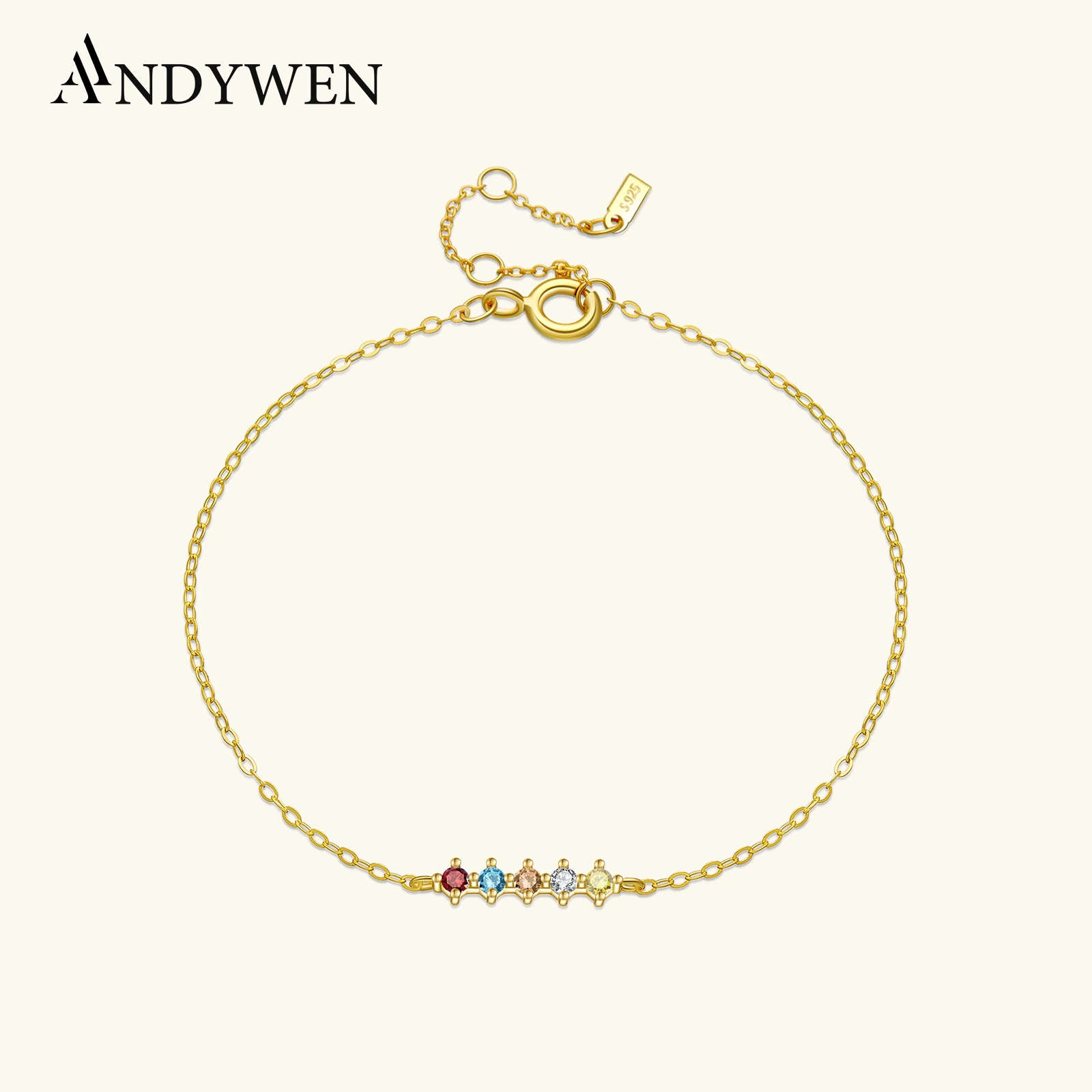 ANDYWEN 2021 Nowość 925 Sterling Silver Gold Colorful Sage Line Four Zircon Charm Chain Bracelet Women Luxury 2021 Biżuteria ślubna