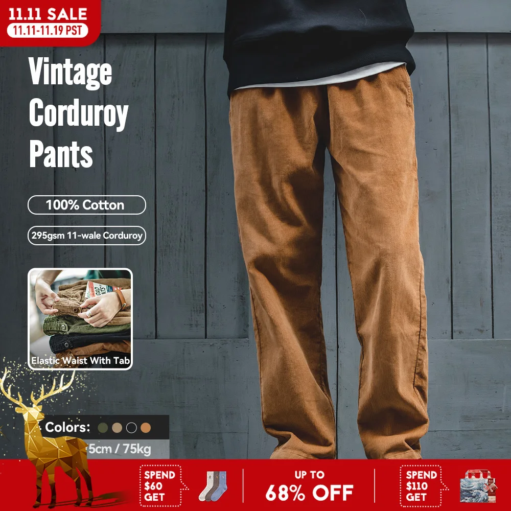 

Винтажные однотонные вельветовые брюки Maden, прямые свободные повседневные брюки с эластичной резинкой на талии и карманами для мужчин, осень-зима