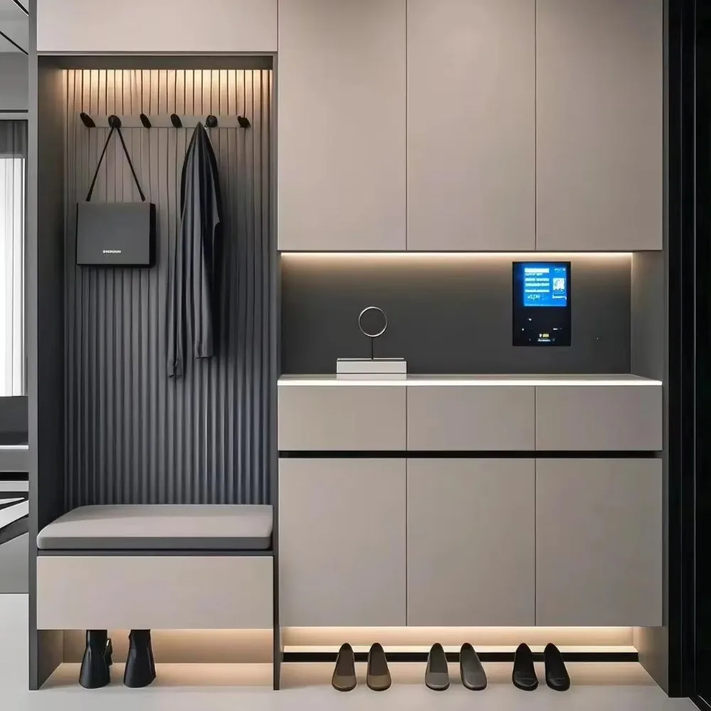 Modern Shoe Cabinet with Bench LED Light Belt Storage Drawer, Open Shelf, Grey Lacquered Entrance Cabinet