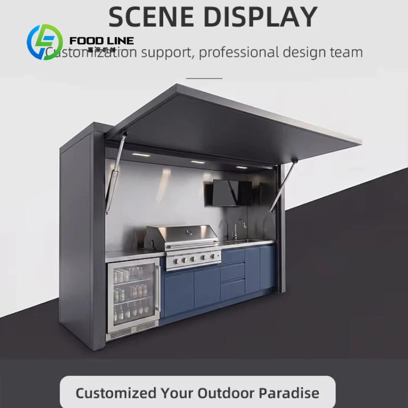 Customized Garden Stainless Steel Outdoor Kitchen Cabinet with Closable Shed Fireproof Outdoor Kitchen Station with Shed