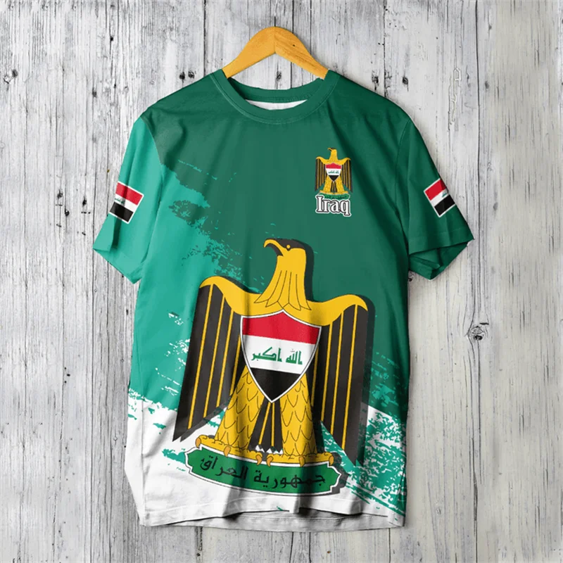 IRAQ Men's T-Shirt Summer Short Sleeve IQ National Emblem Flag 3D Print Fashion Crew Neck Pullover Shirt Men's Clothing GYM Tops