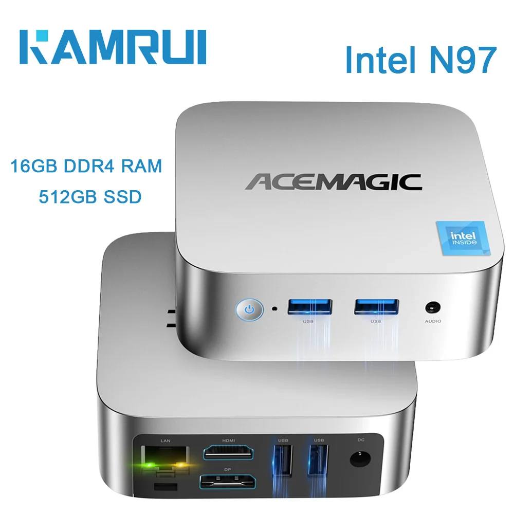 

KAMRUI Mini PC 16GB DDR4 512GB M.2 SSD Intel 12th Alder N97 Windows 11 Pro 4K Display WiFi BT VESA for Home Office Mini Desktop