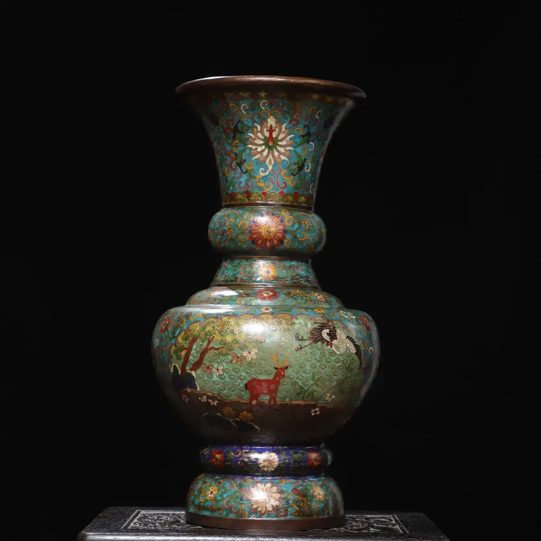 

21"Old Bronze Cloisonne Enamel Crane and deer pattern Big mouth flat vase Amass wealth Ornaments