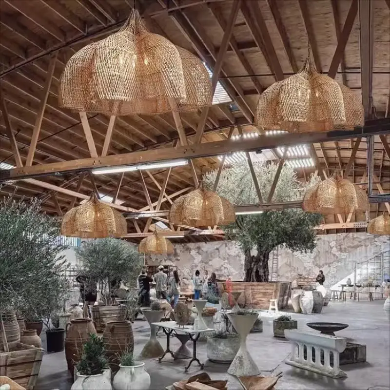 Japanese Retro Rattan Chandeliers Chinese Creative Restaurant Pendant Lights for Living Dining Room Hotel Lighting Lamp Fixtures