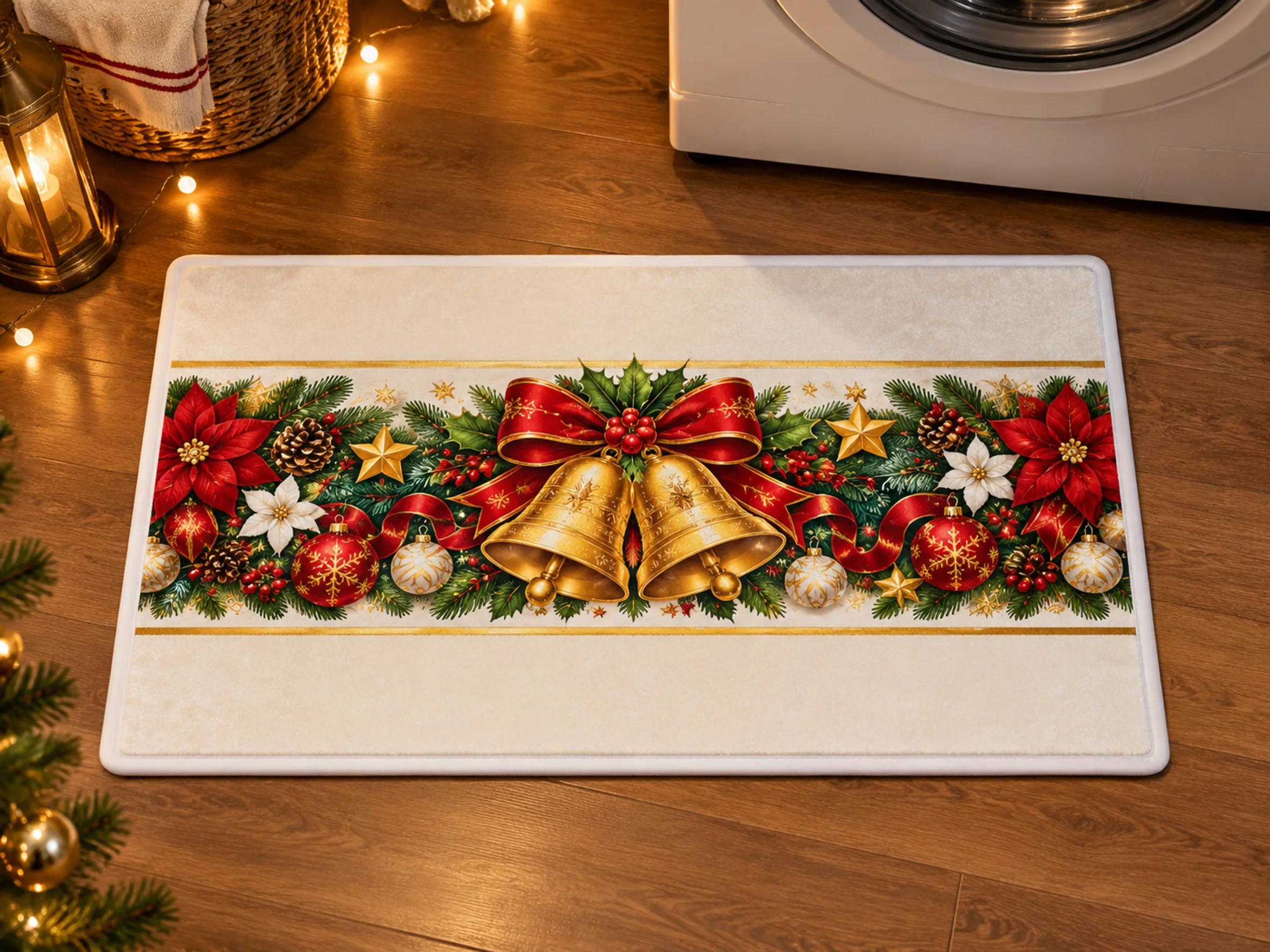 VIKAMA Christmas Red Navy Bell Flannel Door Mat, Washable Quick Dry Xmas Mat, Xmas Decor for Laundry, Playroom, Dining Room