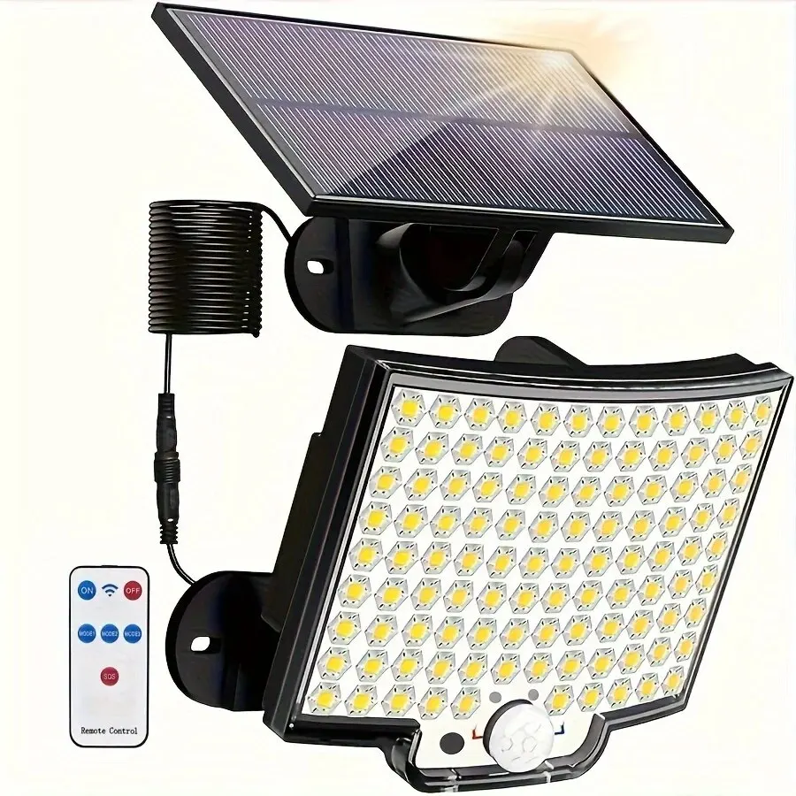 Luz solar dividida impermeável com sensor de movimento holofote ao ar livre, controle remoto, 3 modos, apto para pátio, garagem, quintal, 106LED, 1pc