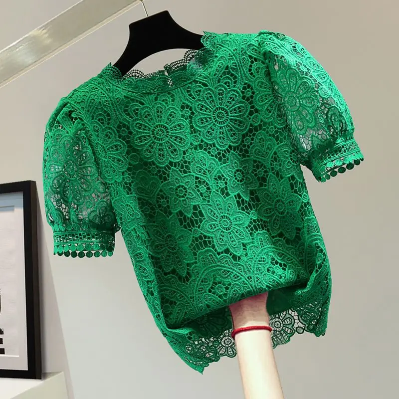 

Blouse Women's Summer Korean Style Straight Cut Loose Fit Short Sleeve Solid Color Crochet Cutout Lace Top Pullover Puff Sleeves