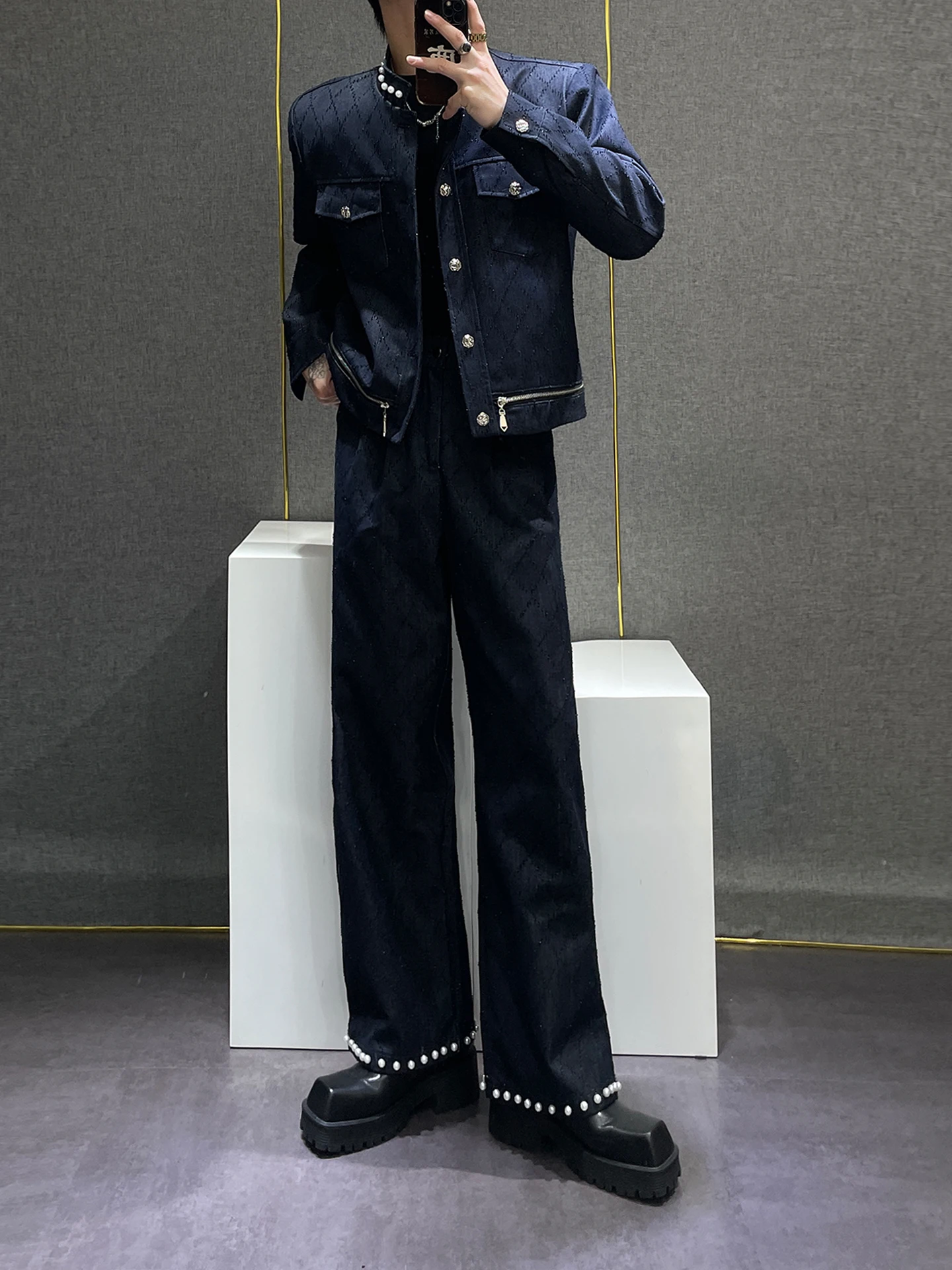 

Pearl Embellied Wide-Leg Denim Jaet Stand Collar ort Wide Faion Set for Teen Boys Autumn Season Long Sve