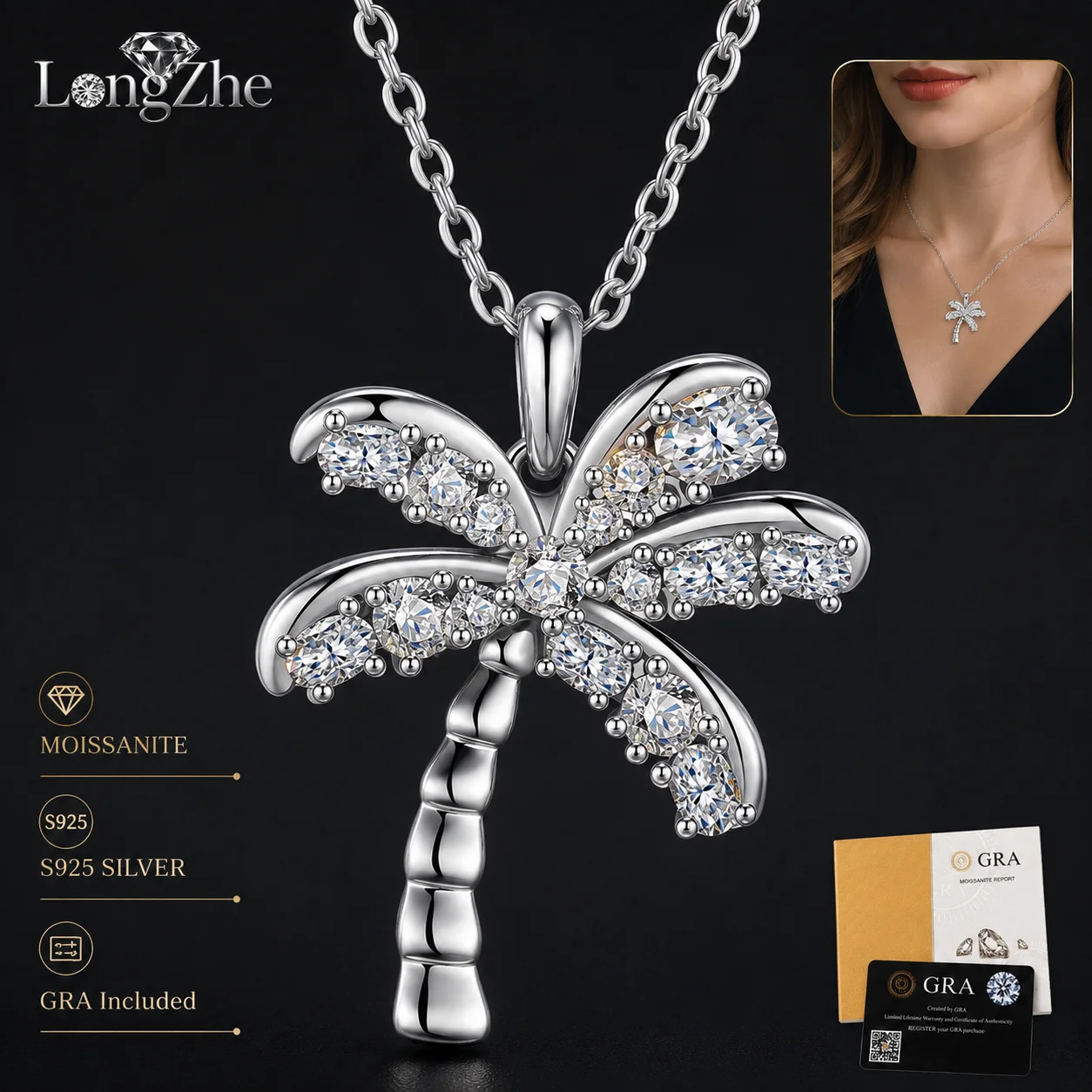 S925 Sterling Silver Moissanite Palm Tree Pendant Necklace for Women, Sparkling Tropical Fine Jewelry Gift for Daily Wear