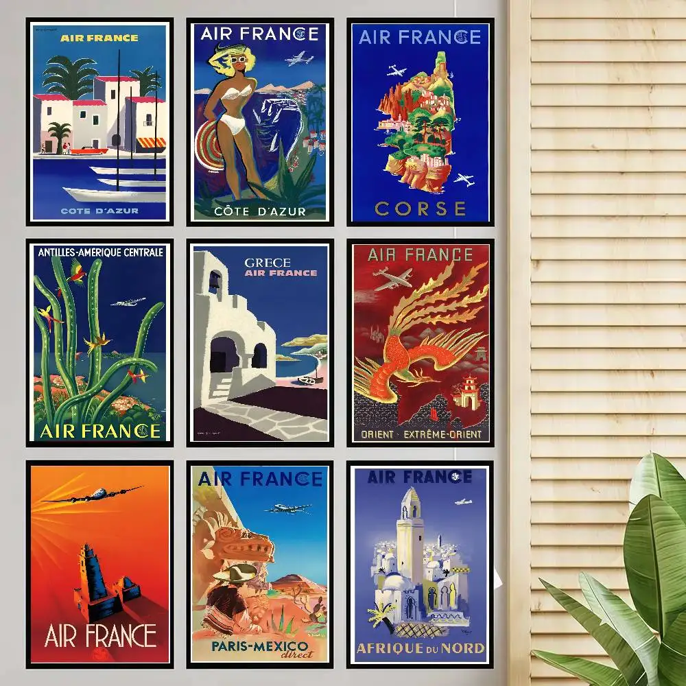 Air France Airline Advertising Vintage Travel Poster Self-adhesive Art Room Entrance Restaurant Wall Decor Art Painting