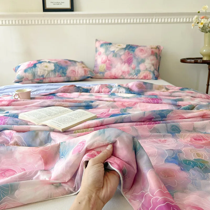 High Quality Satin Printed Summer Quilt Single Smooth Comfort Air Conditioning Blanket Pastoral Flower Cool Bedding for Bedroom