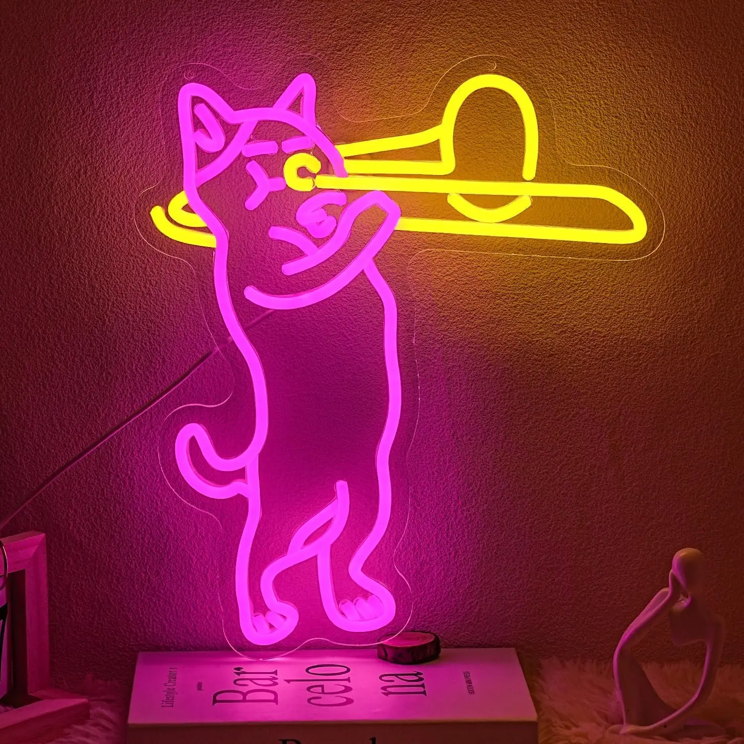 

Cat Playing Trombone Neon Sign USB Powered LED Light for Pet Shop Music Room Bedroom Aesthetic Decoration Gift Art Wall Light