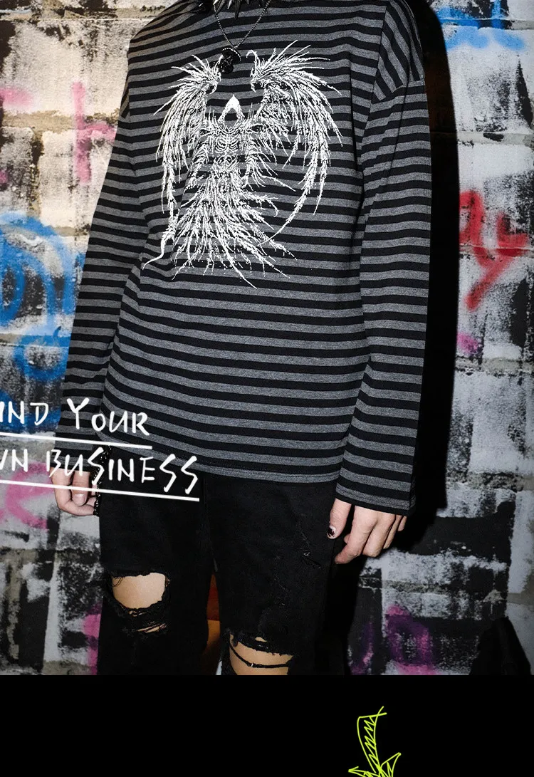 Y2K Subculture American Fashion Trend Men's Round Neck Loose Casual Striped Long Sleeve T-Shirt for Women