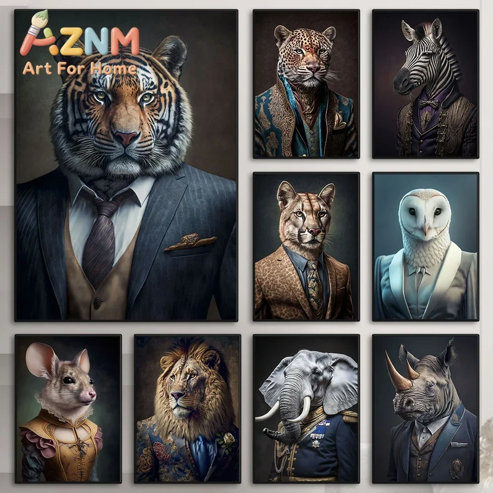 Animal Gentleman In Suit Tiger Lion Zebra Wall Art Canvas Painting Portrait Posters and Prints for Living Room Home Decoration
