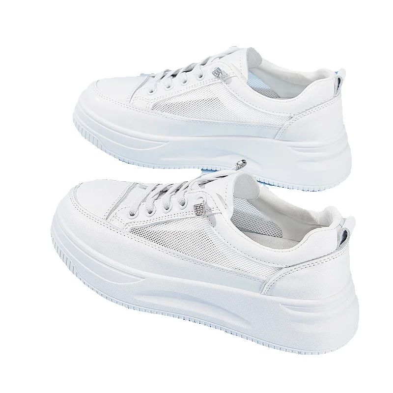 White Breathable Mesh Skateboarding Shoes For Women Thick Soled_voghion.com
