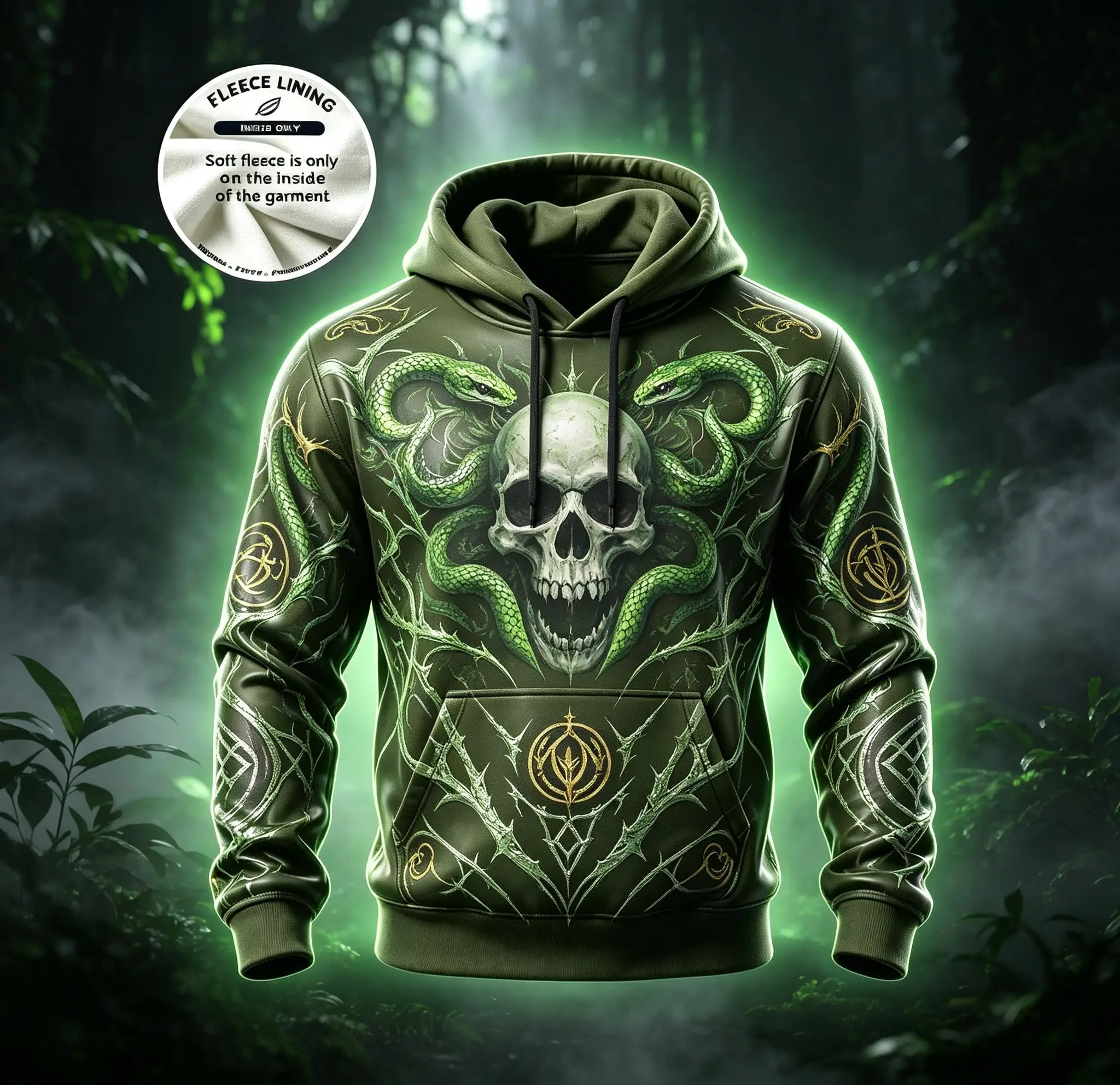 Men Fleece Lined Hoodie Army Green Serpent Skull Rune Full Print Drawstring Pullover Sweatshirt