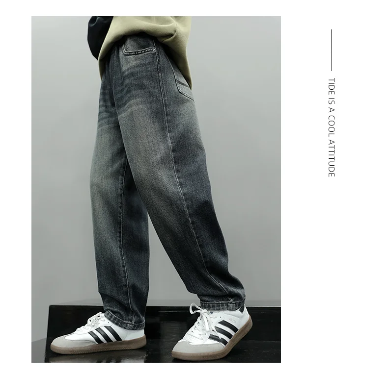 Neue, modische schwarze Jeans für Jungen, lockere, gerade geschnittene Haremshose für Kinder, Cargo-Jeans mit Taschen, Größe 5-14. – Detail 2