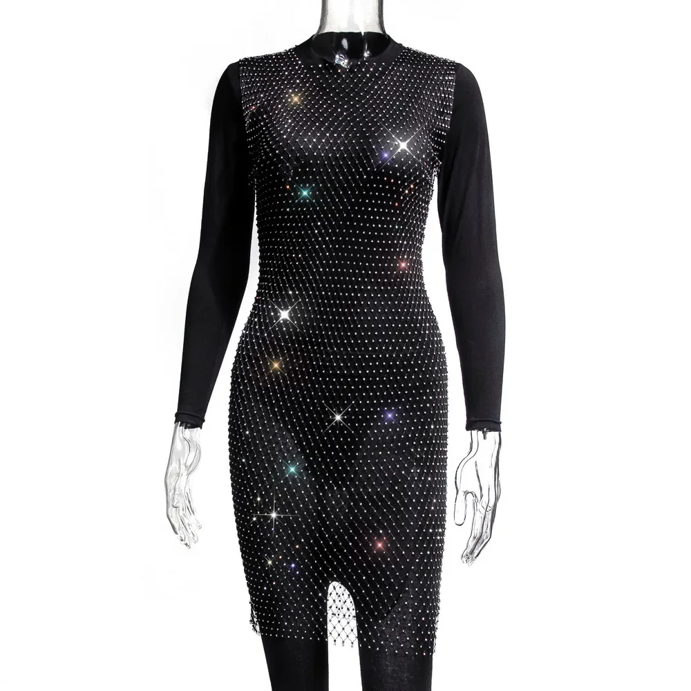 Robe évidée avec biscuits en résille pour femme, robe à col rond, robe de soirée en boîte de nuit, couverture de plage sexy, Y2K, été