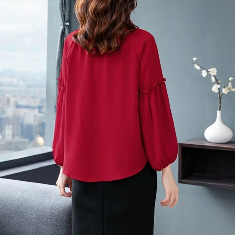 Elegant Ruffled Neck Chiffon Oversized Lantern Sleeve Lace Up Bow Blouse Women\'s Clothing Autumn Casual Tops Loose Commute Shirt