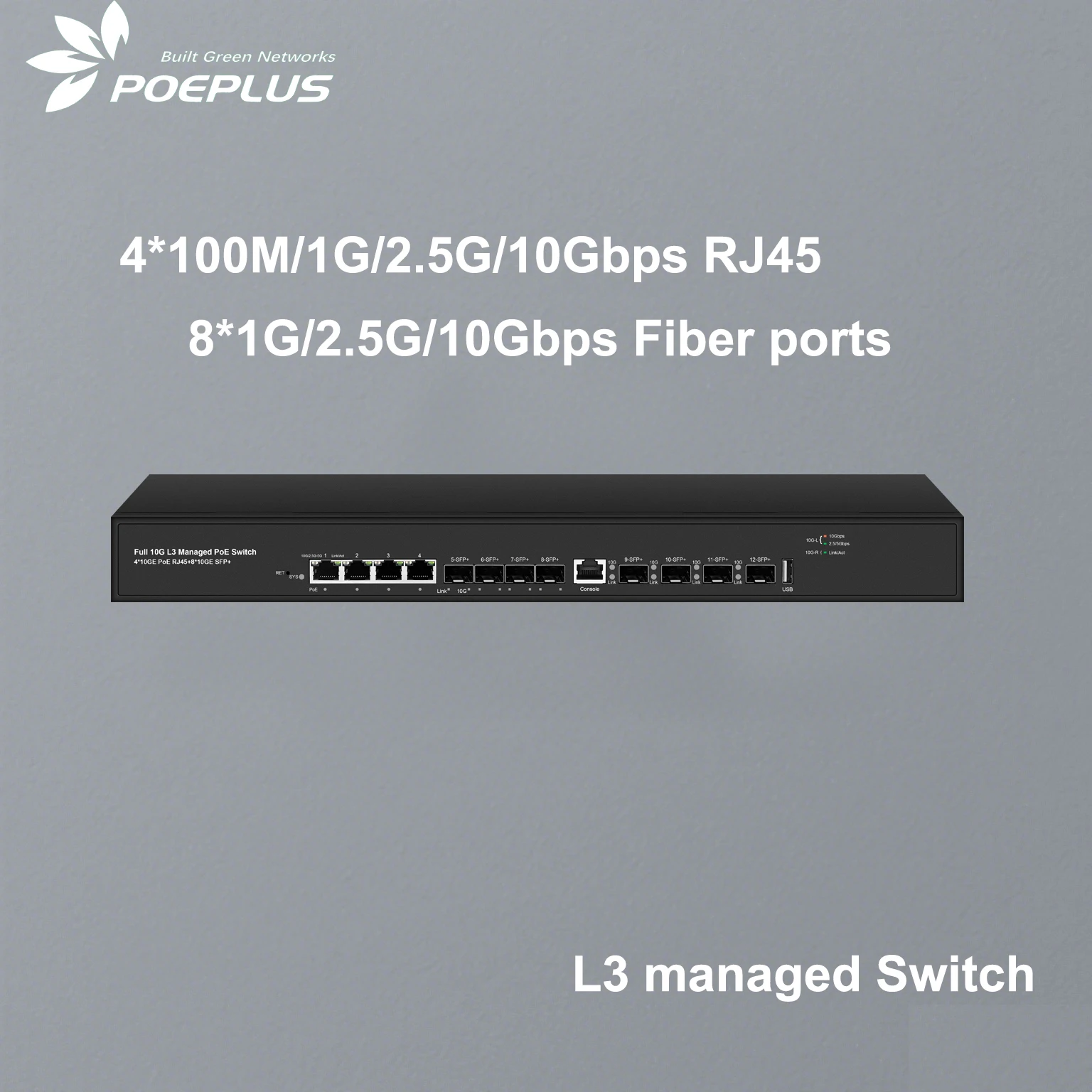 L3 Managed 10Gbe 8 Ports Fiber Switch with 4 Ports 10G RJ45 Lan 8*SFP+ Fiber Ports