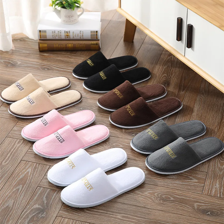 5 Pairs/Lot Mix Colors Coral fleece Men Women Cheap Disposable Hotel Slippers Cotton Slides Home Travel SPA Slipper Hospitality