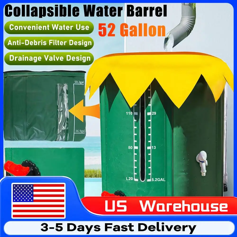 Barril de lluvia de 52 galones, sistema de recolección de lluvia plegable de PVC con tres espigas, tanque de almacenamiento de agua, cubo colector de agua para jardín