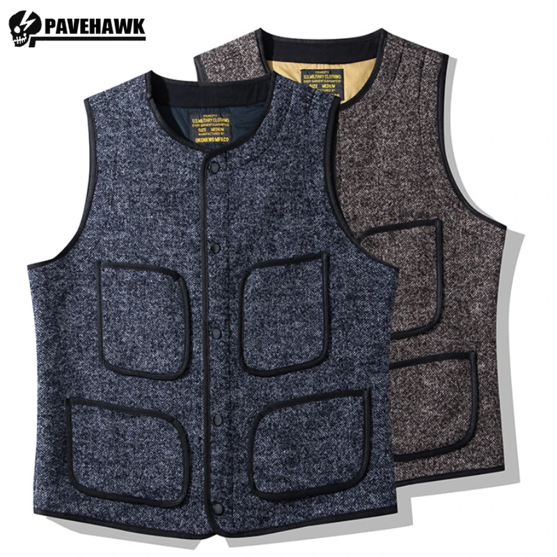 British Woolen Mens Vest Jacket Multi Pocket Single Breasted Sleeveless Coats Round Neck Thickened Outdoor Tooling Waistcoat