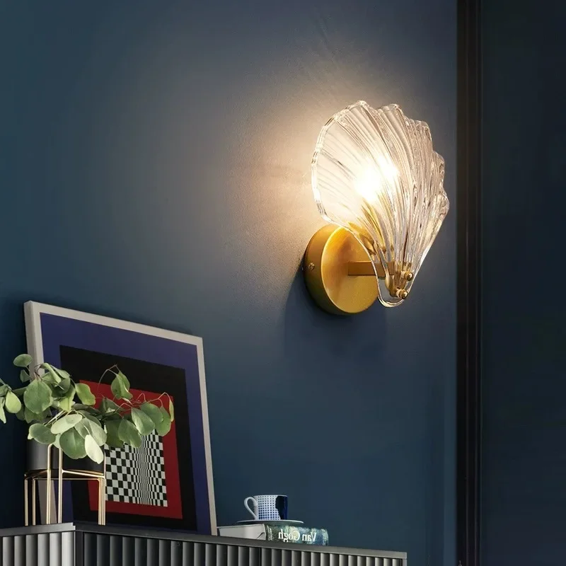 

Nordic Simple Glass Shell Wall Lamp Bedroom Living Room Corridor Wall Light E14 Bedside Lamps Indoor Decoration
