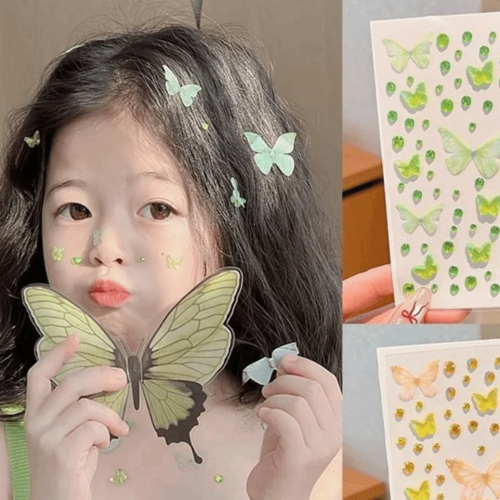 Cute Self-adhesive Butterfly Face Stickers Resin Sparkly Butterfly Decals Elf Butterfly Pink Green Face Stickers DIY Decoration