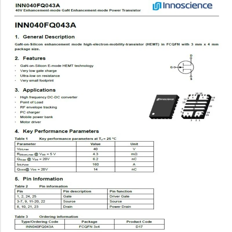 Parts GAN FET POWER innoscience INN040FQ043A 40V 4.3MR DFA 3*4mm  New And Original 5pcs/Lot