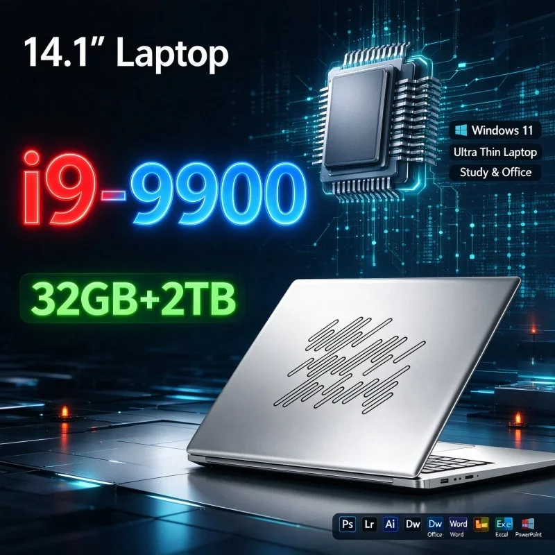 14.1'' Portable Lightweight Laptop Windows11 Intel Core I9-9900 32GB Memory 1TB/2TB SSD Ultra Thin Business Notebook Computer