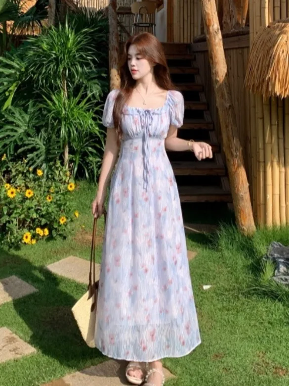 

plus Size Floral Print Puff Sleeve Women's Dress Square Collar Waist Cinching Long Dress Commute Style High Waist Polyester F...