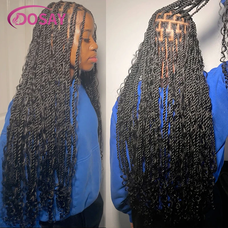 Perucas trançadas senegalesas para mulheres negras, sintéticas, peruca frontal cheia do laço, torcidas da ilha, faux locs, caixa da deusa, tranças perucas