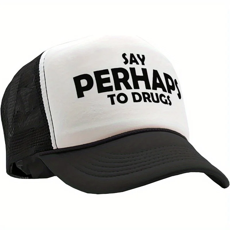 

1pc Vintage Retro Trucker Cap - "SAY PERHAPS to DRUGS" Funny Design - White & Black Two-Tone Mesh Back Hat for Men - Casual