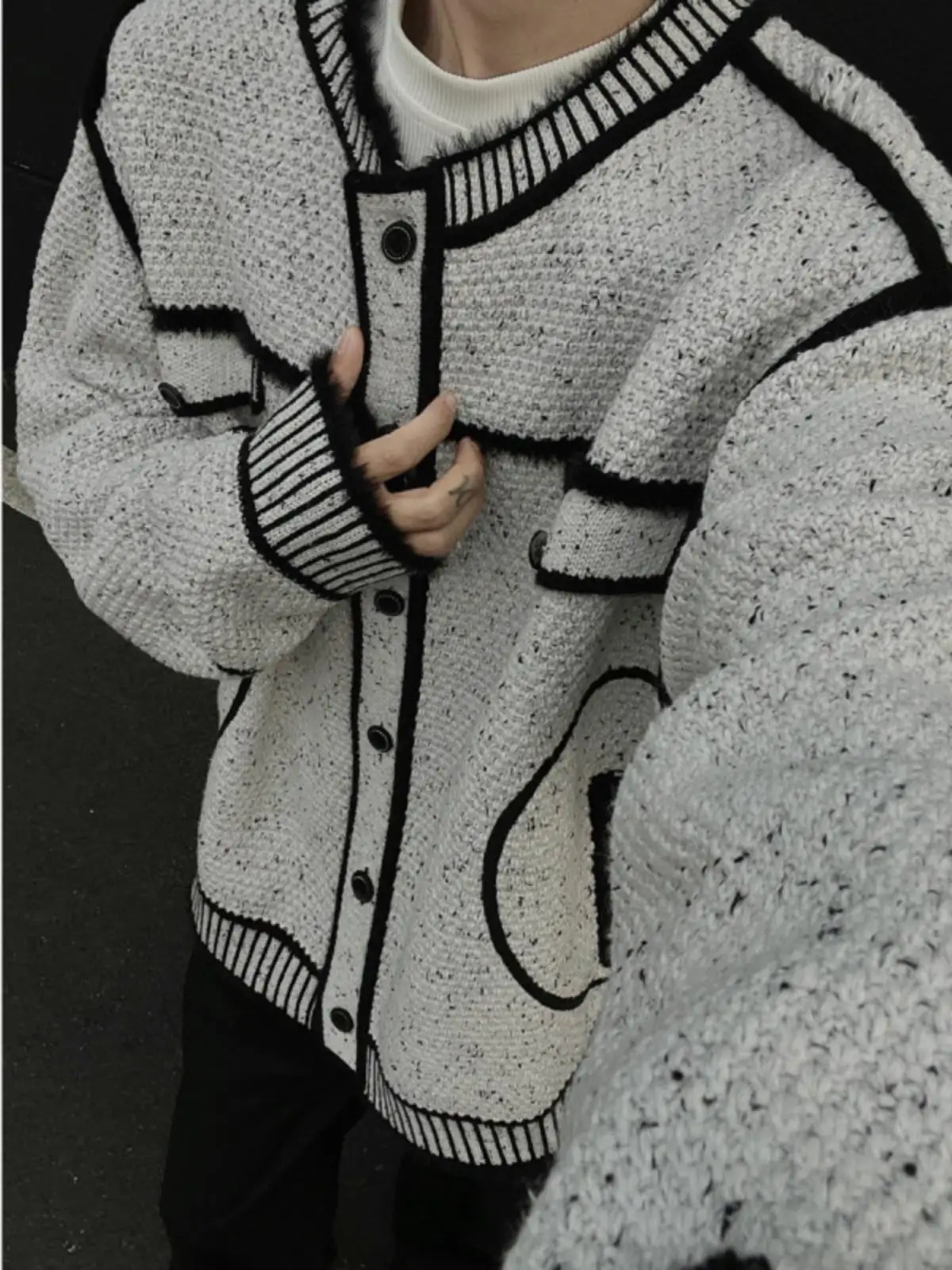 

American Sle Knitted Cardigan Men's Outerwear Autumn Winter High Sensation Color Colion Jaet Polyester Fiber Long Sve