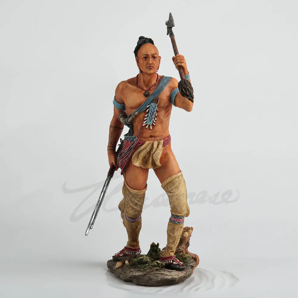 Resin Native American Warrior Statue Tribal Hunter Figurine with Spear Bronze Tone Sculpture Home Office Decor Art Craft Gift