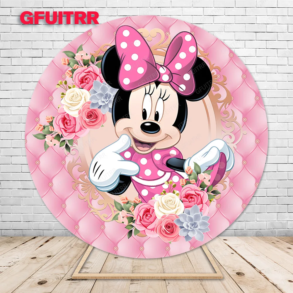 Minnie Mouse Round Backdrop Girls Birthday Party Baby Shower Photography Background Cute Pink Circle Decoration Booth Prop