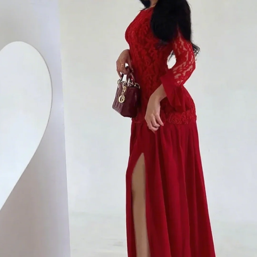 Elegant O Neck Full Sleeves Prom Gowns Arabic Side Slit Formal Evening Dress Red Lace Formal Occasion Dress Customized