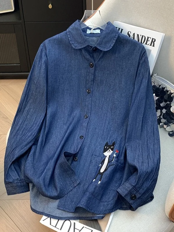 

Свободные длинные свеки Ne Denim irt, женская повседневная верхняя одежда с вышивкой Fun Cartoon ket, осенняя модная верхняя одежда