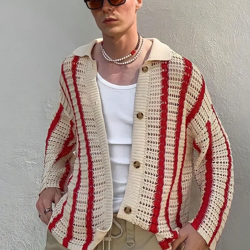 

Wepbel Y2K Patchwork Knitting Sweaters Tops Summer Cardigan Lapel Sweater Men's Coat All-Matching Short Sleeve Sweater Shirt