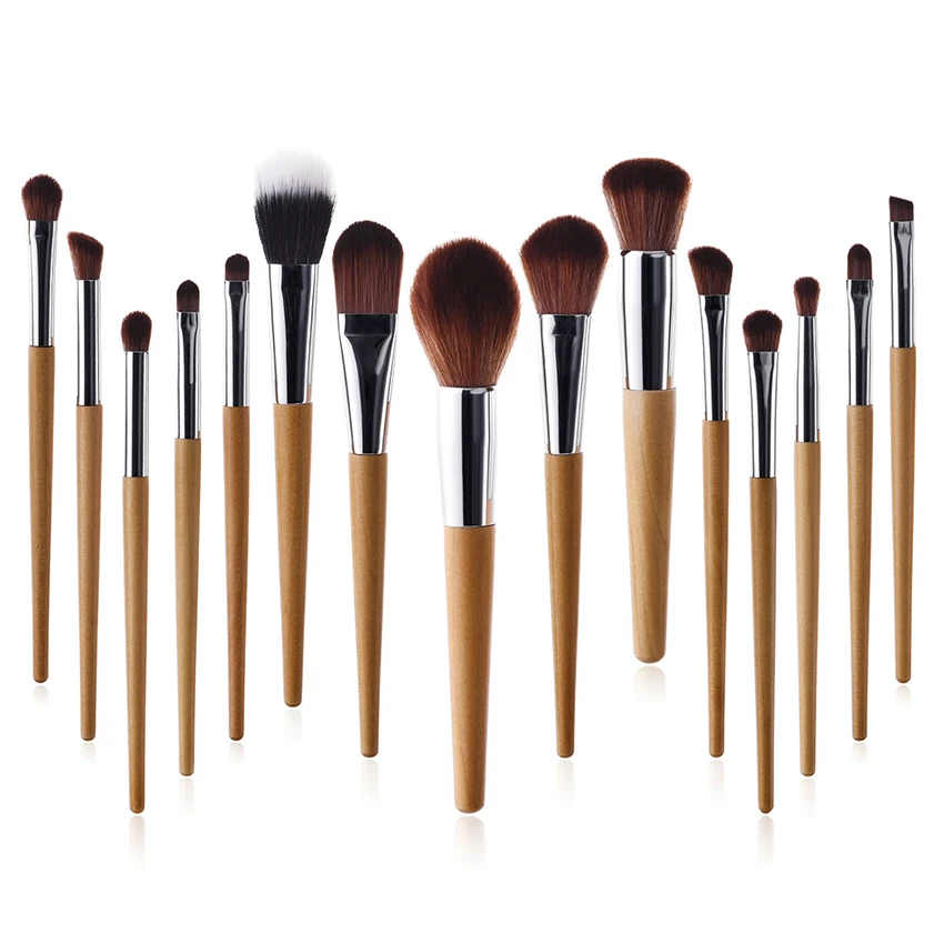 SAIANTTH – ensemble de pinceaux de maquillage en bois naturel, 15 pièces, tube argenté, poudre ample, fard à paupières, mélange oblique, outil cosmétique complet