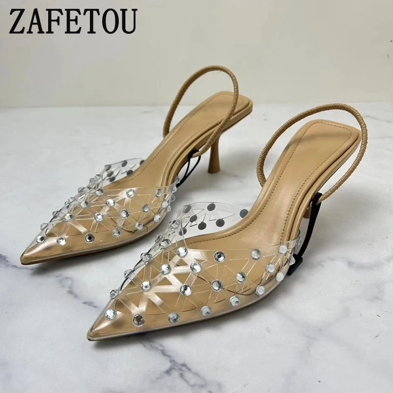 Zafetou Shoes Women Elegant Rhinestone High Heels Sexy Transpatent Diamond Slingback Pumps Fashion Evening Party Woman's Sandals