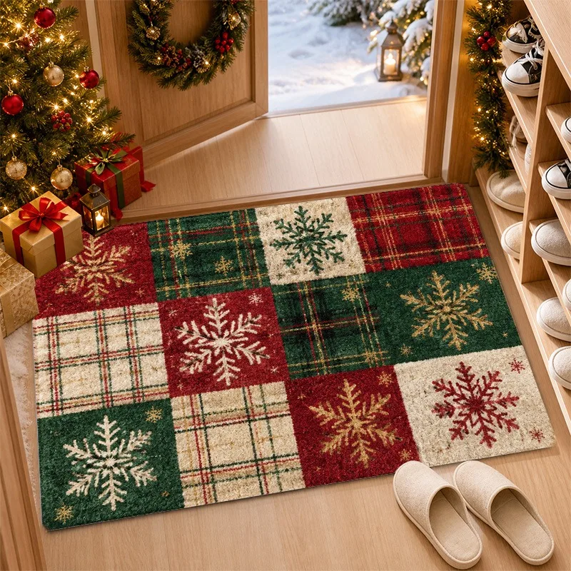 Christmas Plaid Patchwork Doormat Snowflake Print Decorative Floor Mat for Front Door Entryway Indoor Holiday Decoration Rug