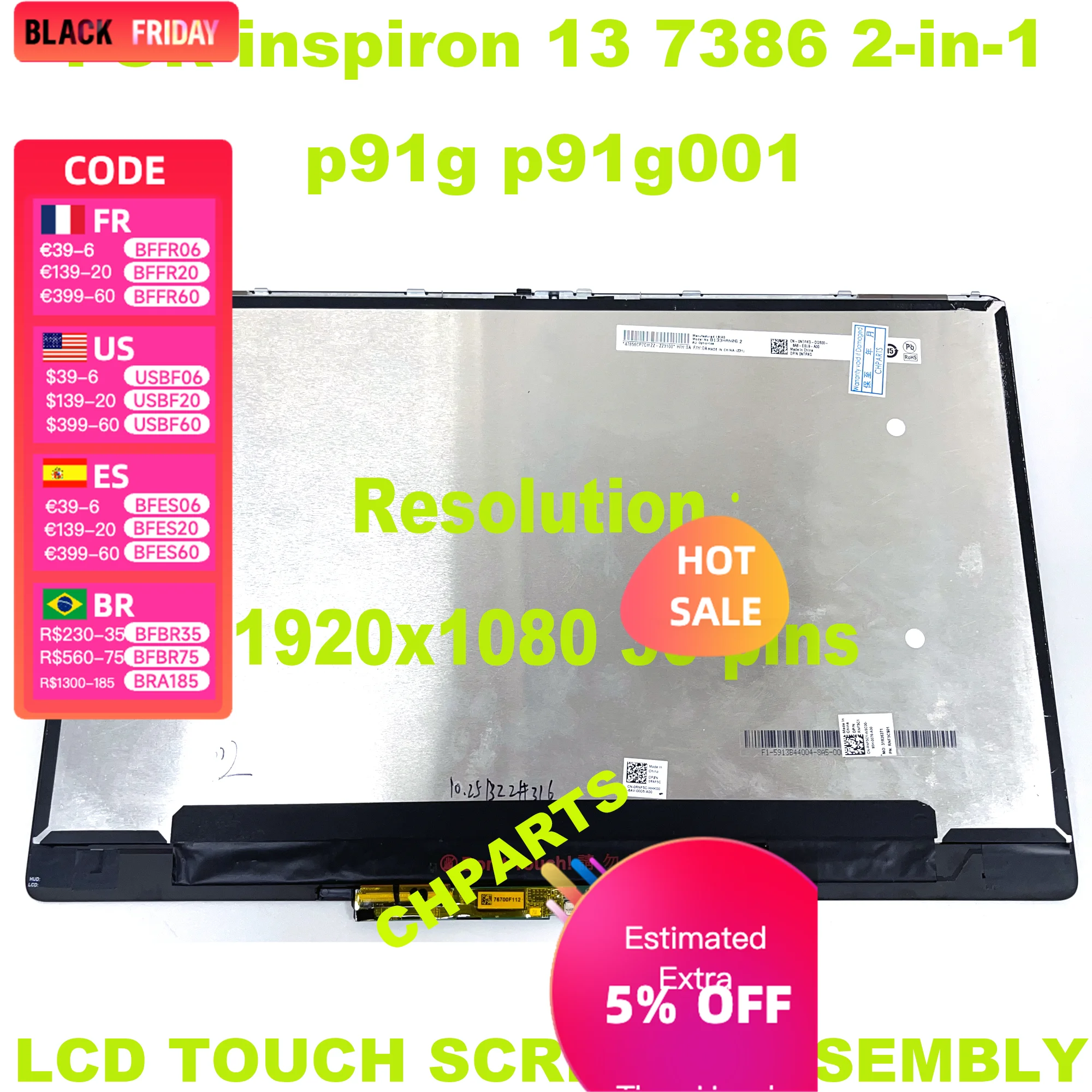 for Dell Inspiron 13 7386 P91G P91G001 0RNF5C 13.3'' LCD Display Touch Screen Panel Assembly with Frame