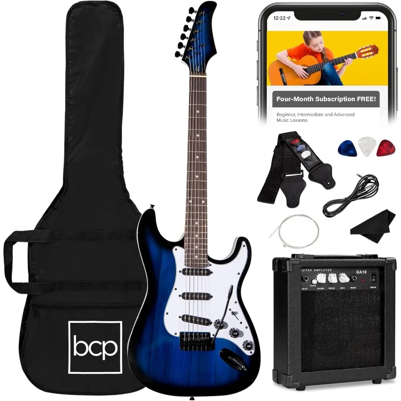 Best Choice Products 39in Full Size Beginner Electric Guitar Starter Kit w/Case, Strap,10W Amp,Pick,Tremolo Bar - Hollywood Blue