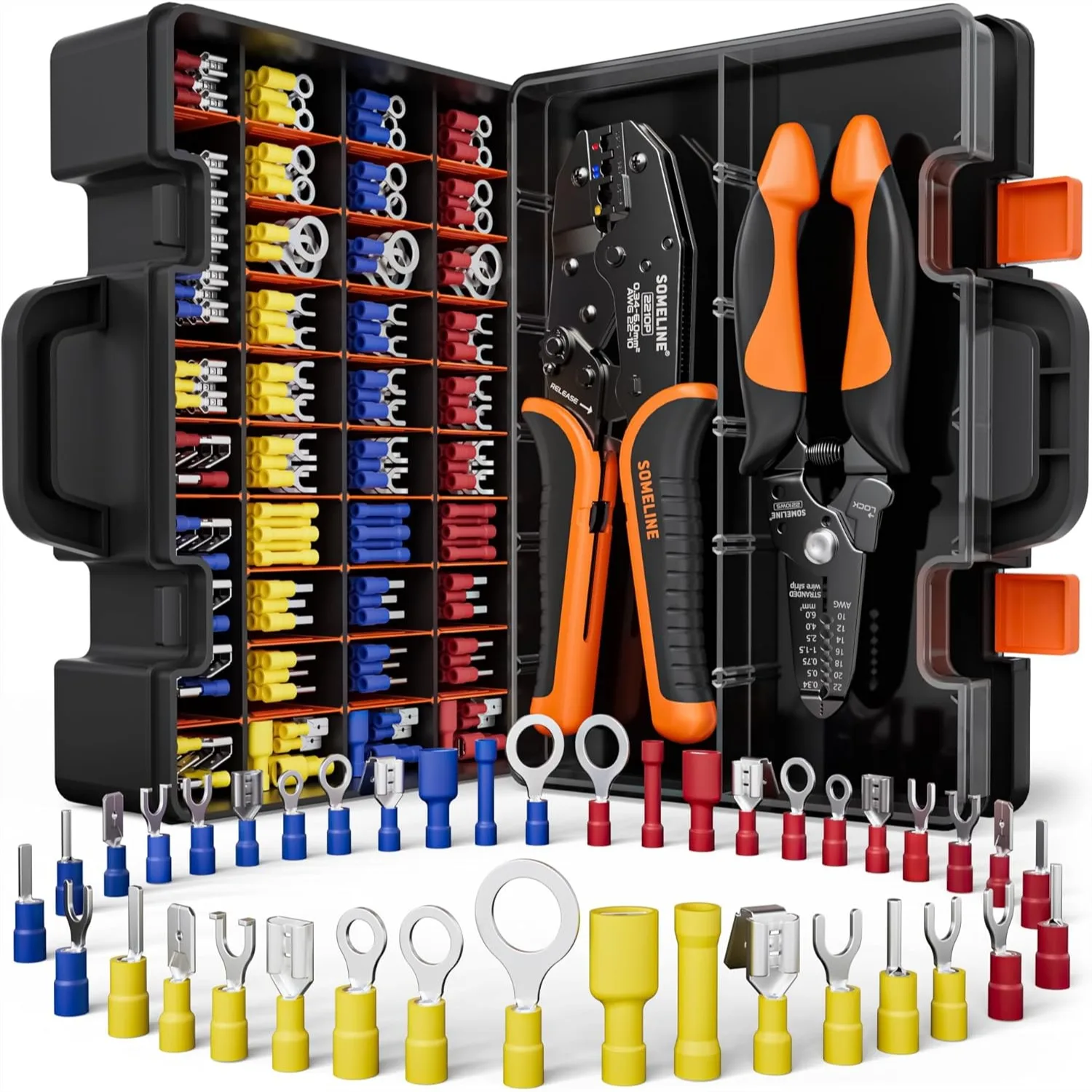 

Wire Terminals Crimping Tool Kit, 45 Sizes Insulated Ratcheting Crimper with 315 Pcs AWG 22-10 Connectors, Portable Storage Case