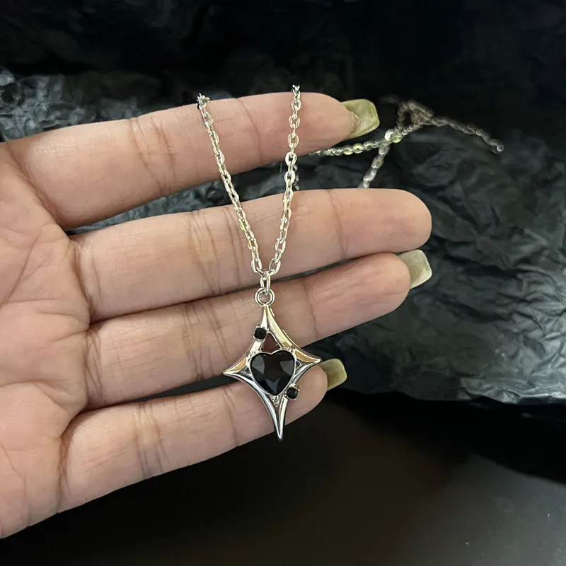 Silver Cross Studded Diamond Four Pointed Star Necklace For Men