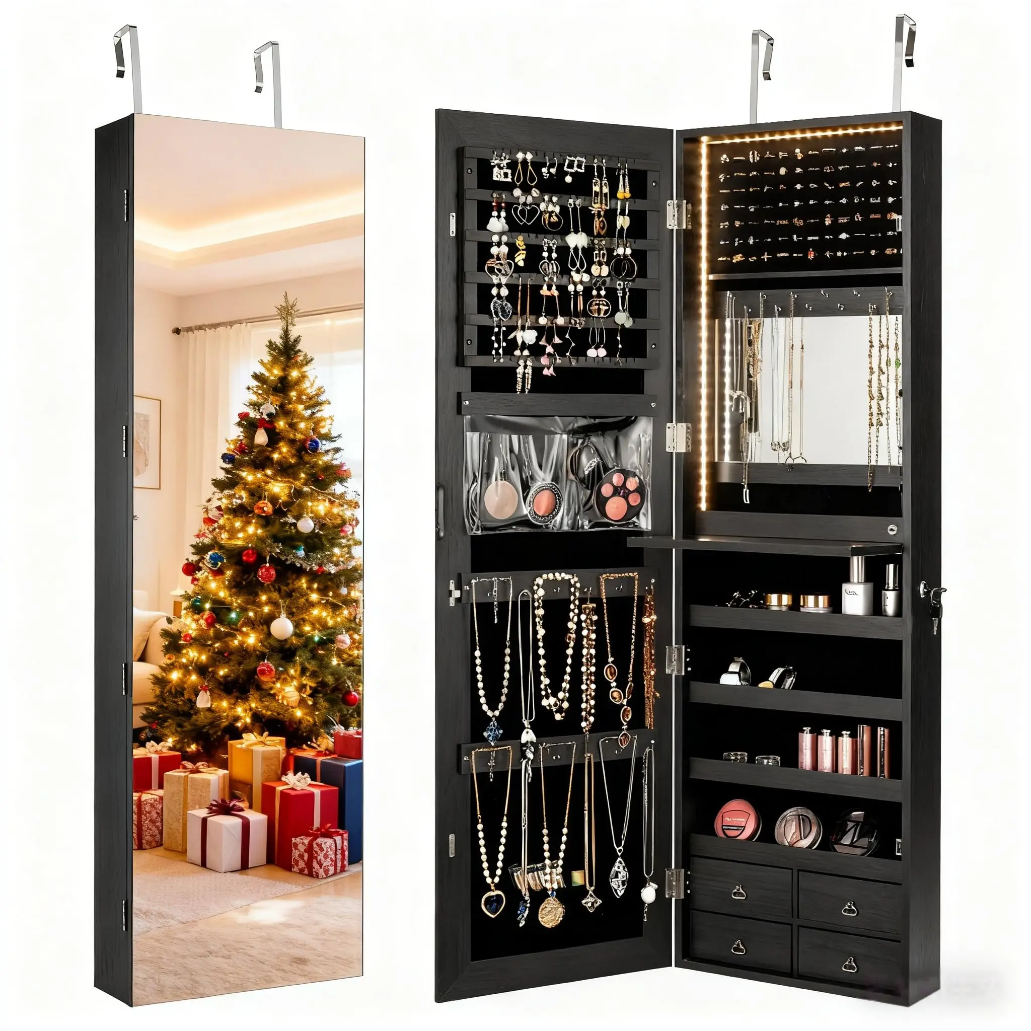 Full Length Mirror Jewelry Armoire - 47-Zoll-LED-Schmuckschrank, Spiegel zur Wand- oder Türmontage