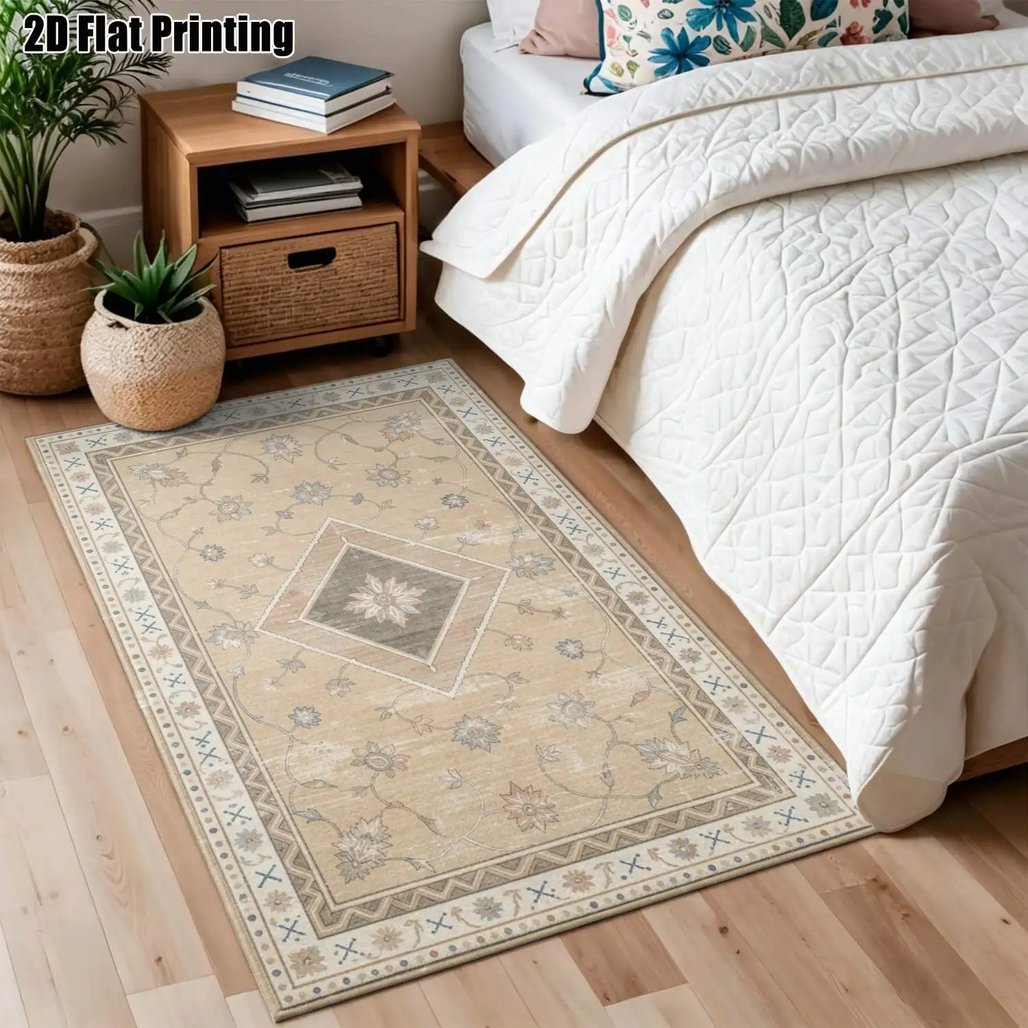 1Pc 2D Printed Beige Retro Floral Carpet: European, Retro, Geometric Floral, Bohemian Style, Home Decor, Multi-Size, Machine Washable, for Living Room, Bedroom, Dining Room, Entrance, Study