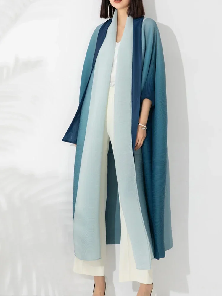 Miyake Gradient Pleated Trench Coat for Women Bat Sleeve Scarf Collar Long Windbreaker Female Fashion Clothing 2024 New Dresses